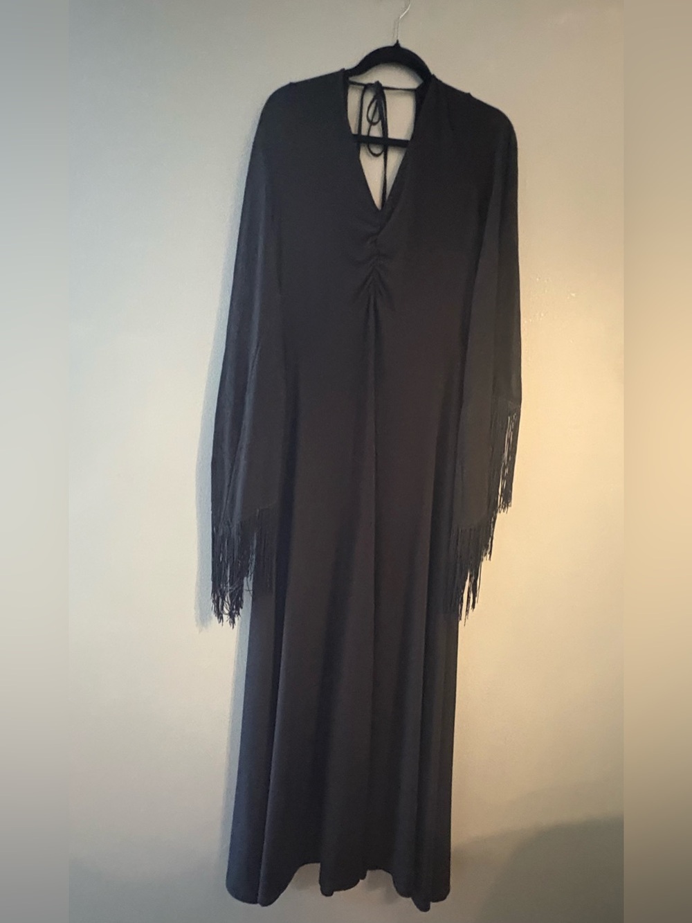 Unique Vintage Smak Parlour Black Long Bell Sleeve Fringe Maxi Dress